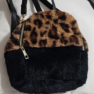 Chateau Leopard and Black Faux Fur Mini Backpack Purse
